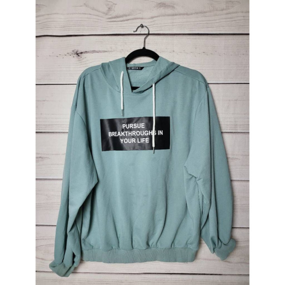 Shein‎ Womens Hoodie Sweatshirt Green Pursue Breakthroughs Life Drawstring L